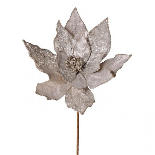 24” Glitter Iced Poinsettia Stem Silver