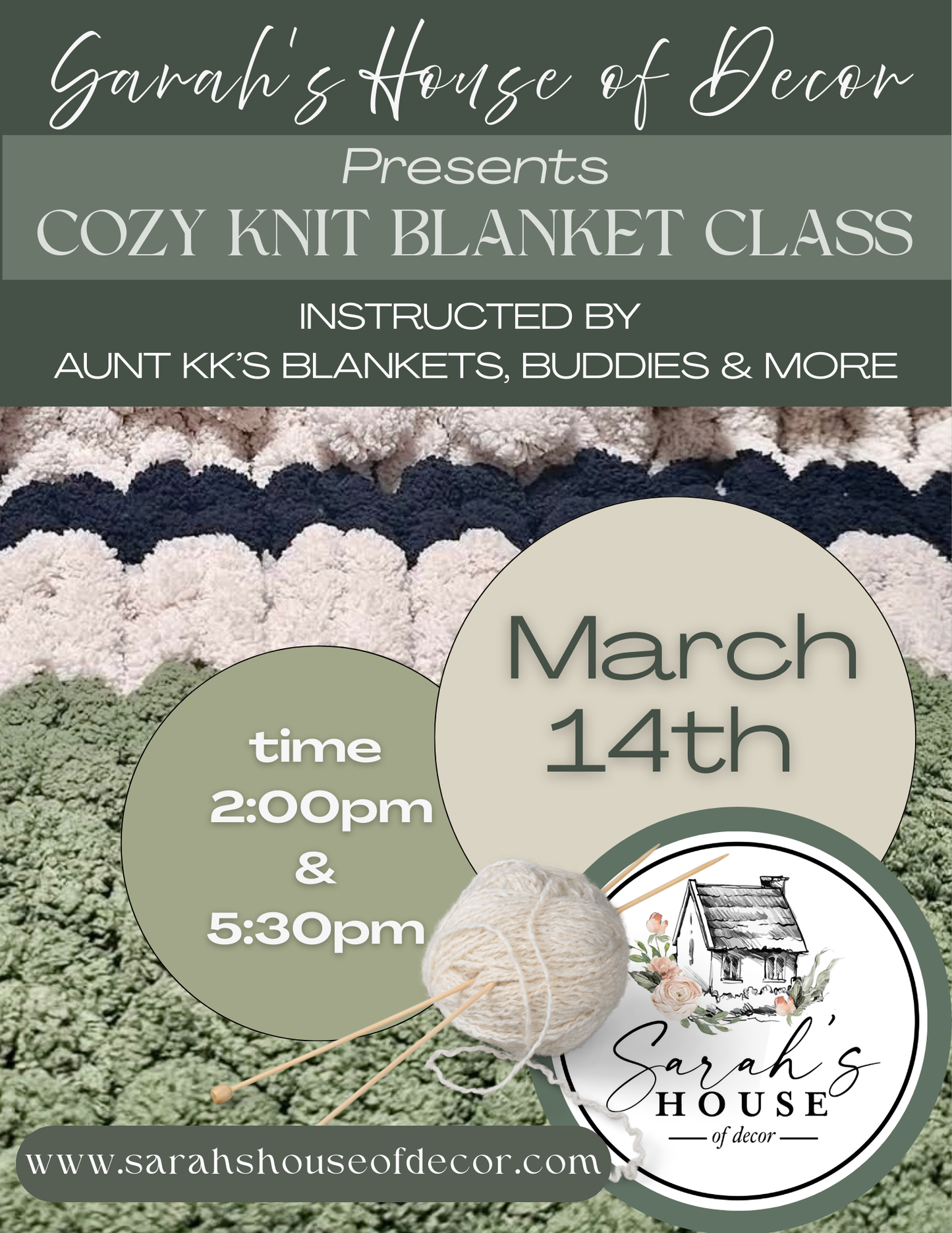 Event: Cozy Knit Blanket Class March 14th 2:00pm