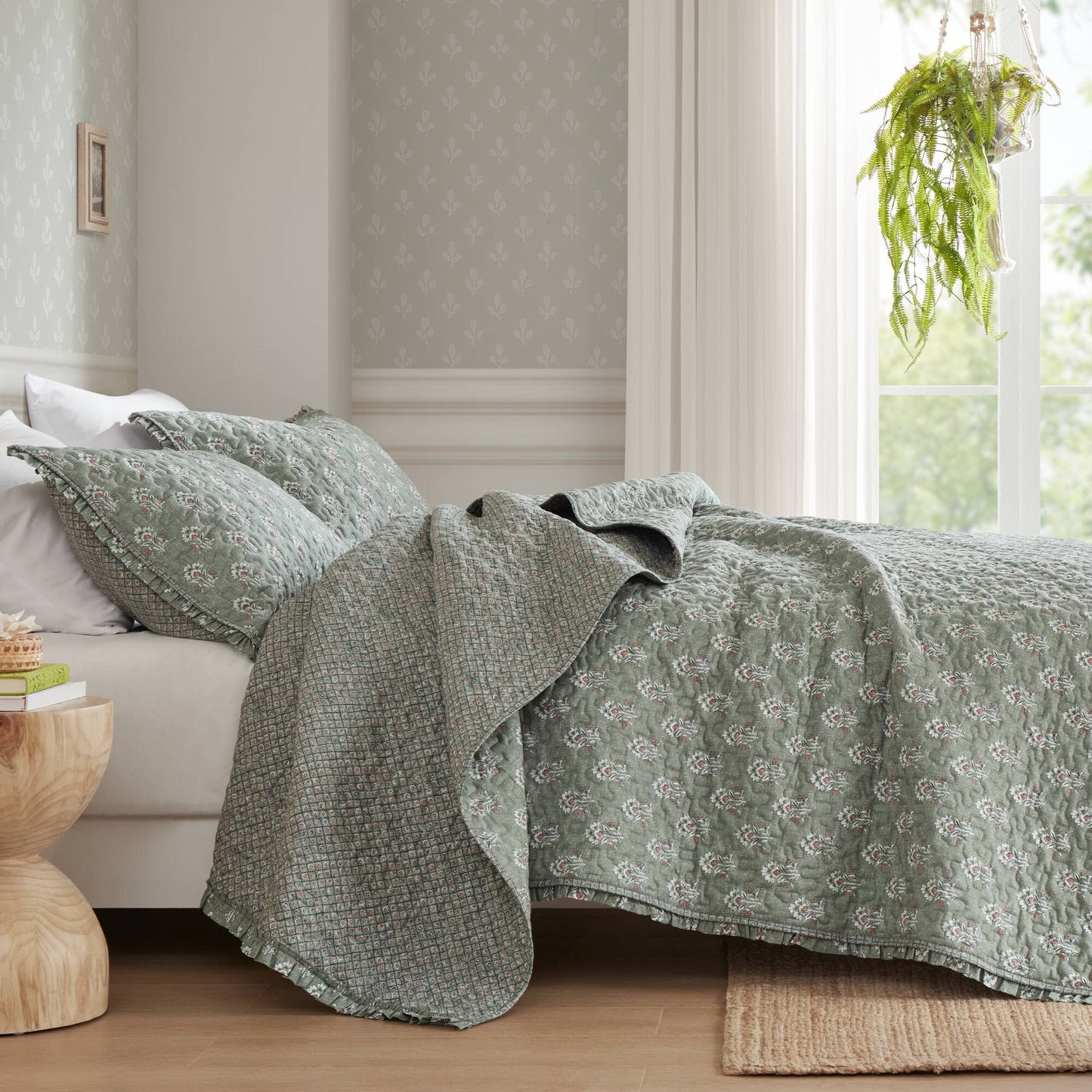 3pc Ruffle Printed Vermicelli Stitched Quilt Set, Sage Green