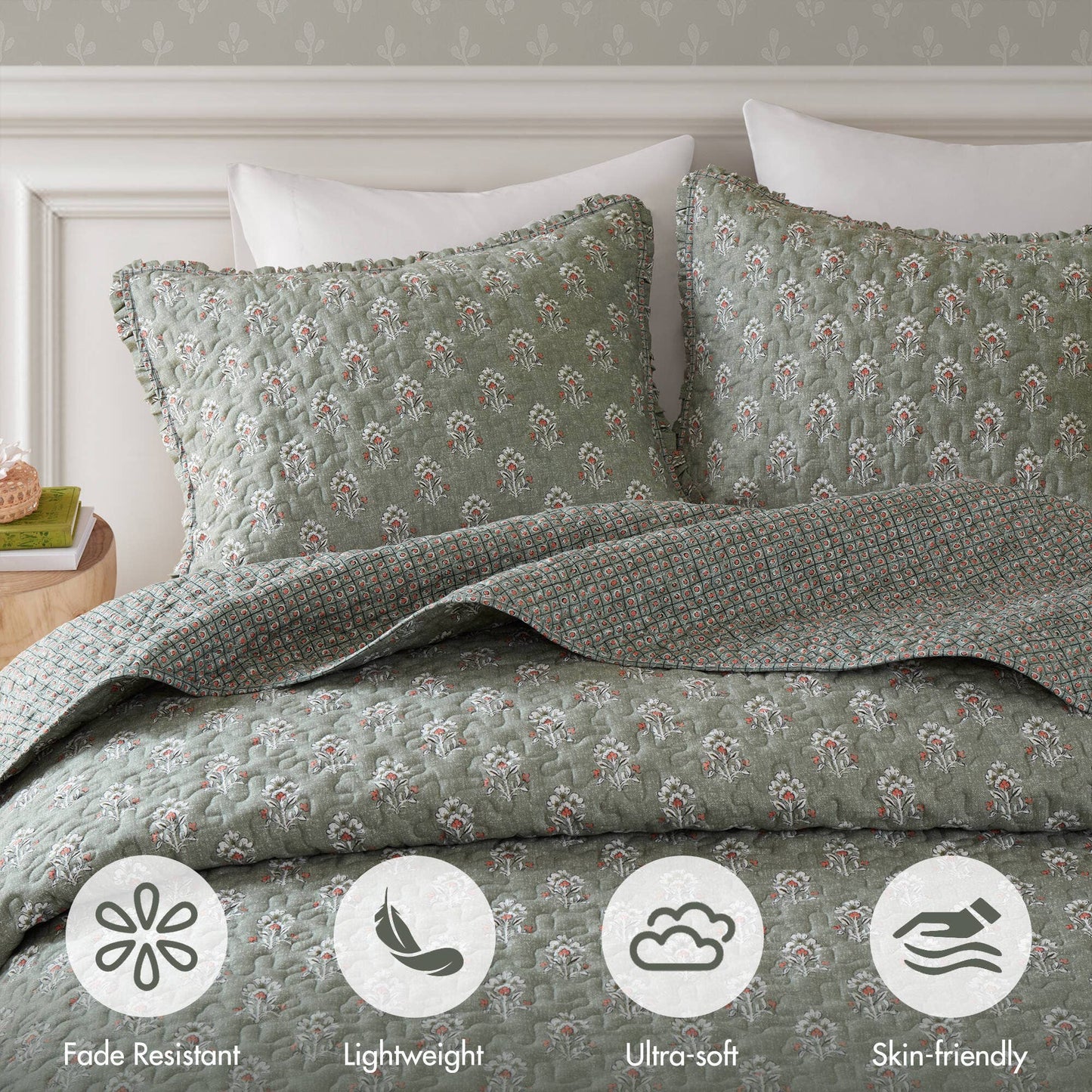 3pc Ruffle Printed Vermicelli Stitched Quilt Set, Sage Green