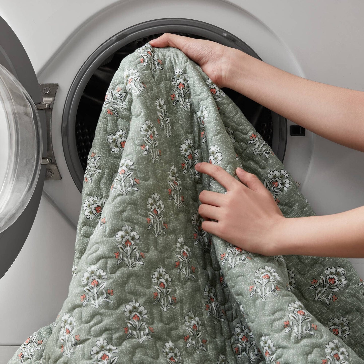 3pc Ruffle Printed Vermicelli Stitched Quilt Set, Sage Green