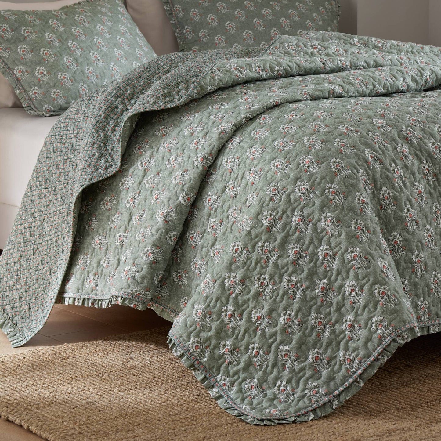 3pc Ruffle Printed Vermicelli Stitched Quilt Set, Sage Green